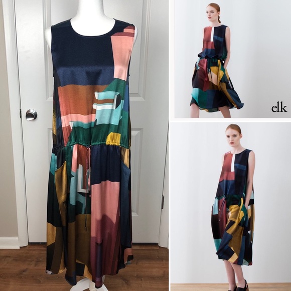 ELK Dresses & Skirts - Silk Boho Drop Waist Drawstring Print Dress S ELK